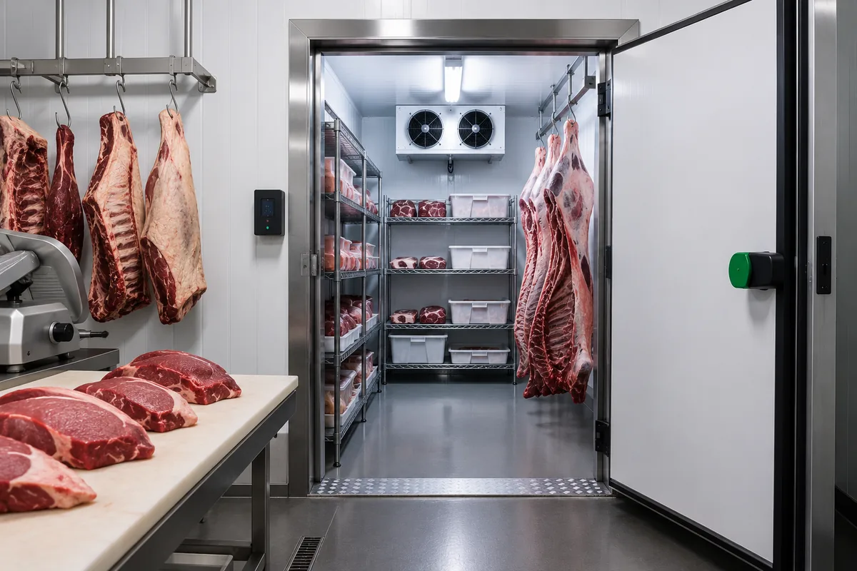 Commercial butcher coolroom with hanging meat and refrigerated storage