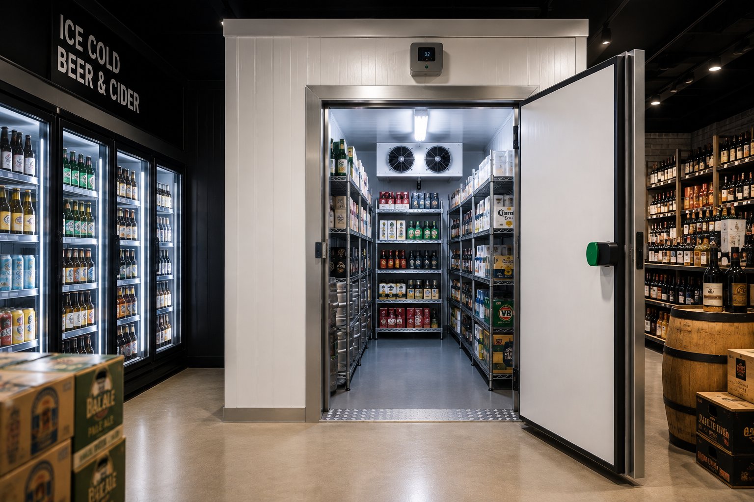 Commercial coolroom for bottle shop with refrigerated beer and beverage storage