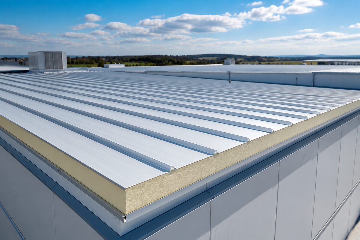 Sandwich panel roof with insulated core on a commercial cold storage building
