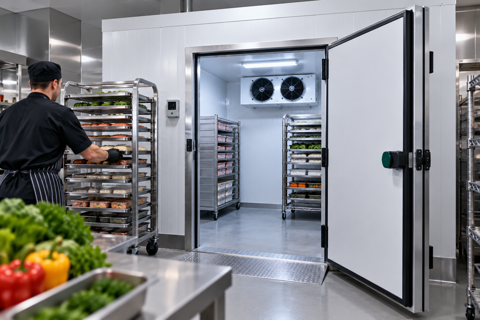 Commercial walk-in blast freezer for food processing and cold storage